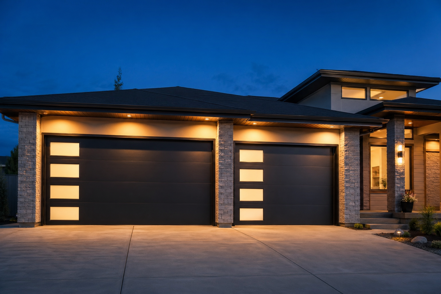 Modern illuminated suburban garage at dusk