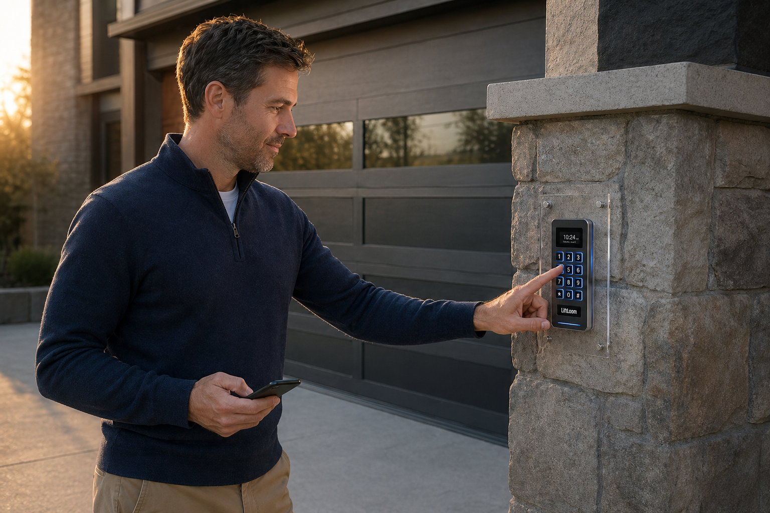 Homeowner using LiftLoom keypad at garage
